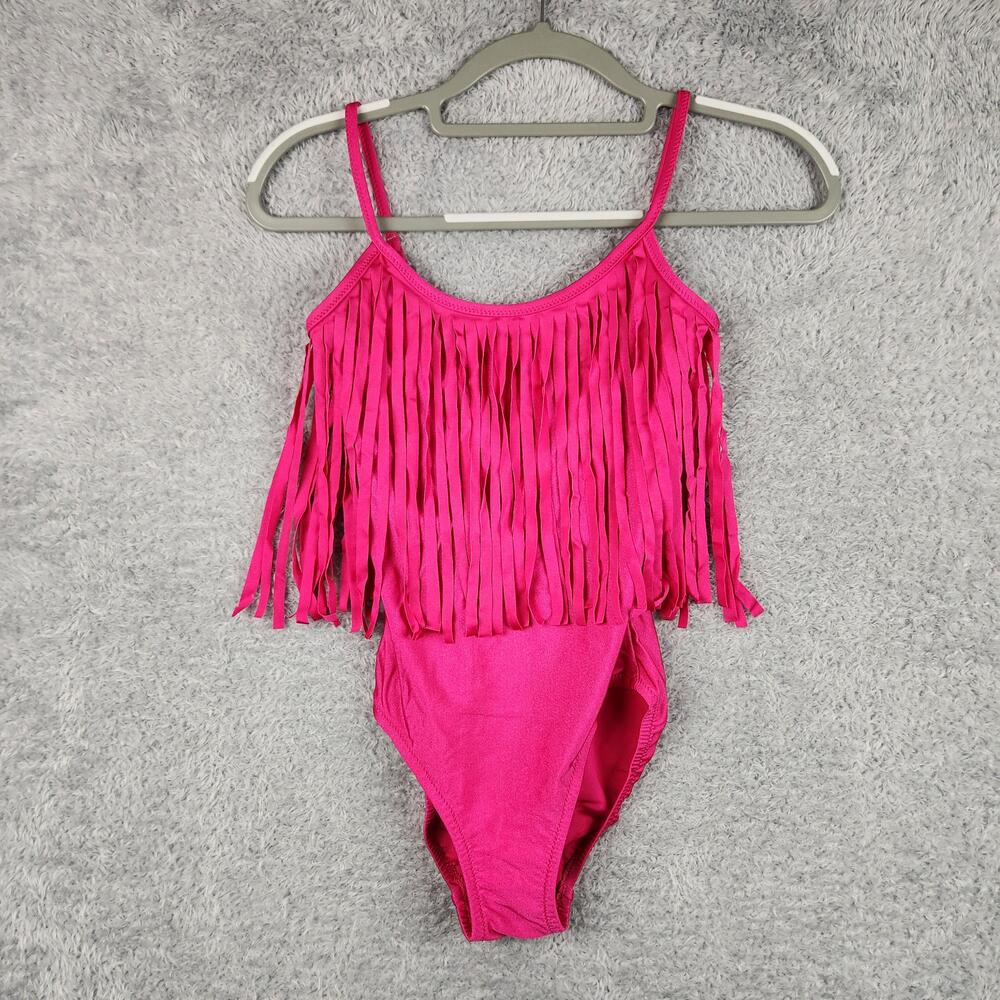 Vintage Jan Marie Swimsuit Girls 8 Pink Fringe One Piece Tassel Dance Pool Party